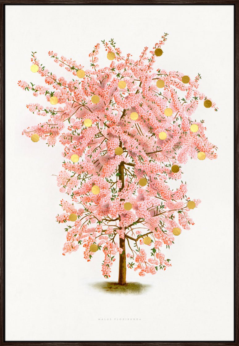 Gold Dots Pink Tree – Kunsttryk med 24K bladguld og pink detaljer. Håndforædlet og indrammet i svæveramme