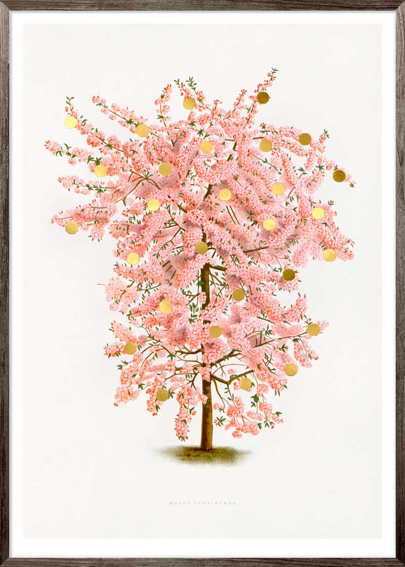 Gold Dots Pink Tree Paper – eksklusivt giclée-kunsttryk med håndpåførte 24K bladguld-dots