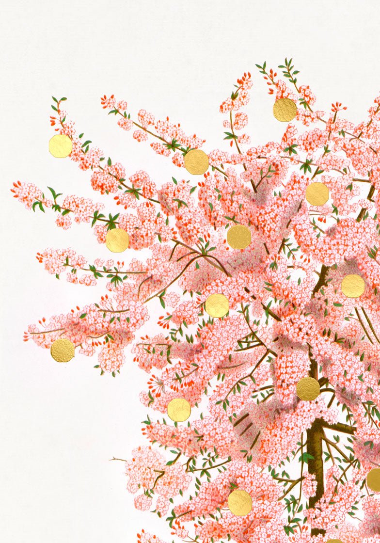 Gold Dots Pink Tree Paper – eksklusivt giclée-kunsttryk med håndpåførte 24K bladguld-dots