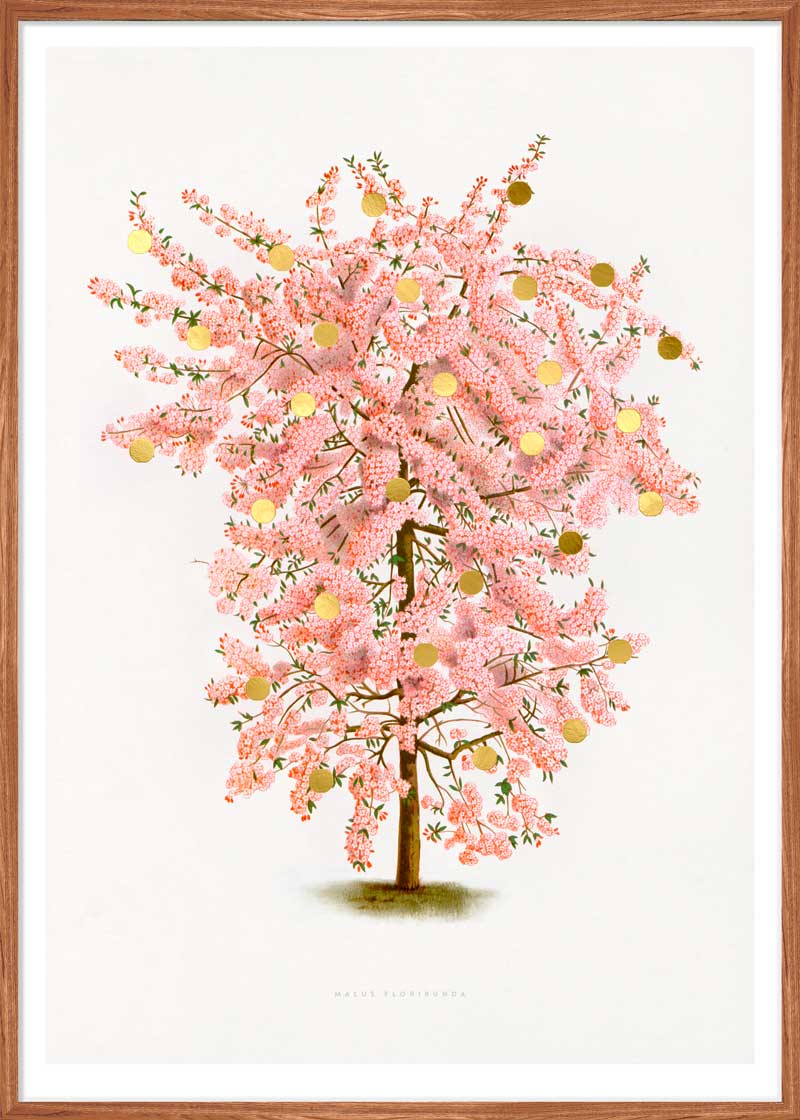Gold Dots Pink Tree Paper – eksklusivt giclée-kunsttryk med håndpåførte 24K bladguld-dots