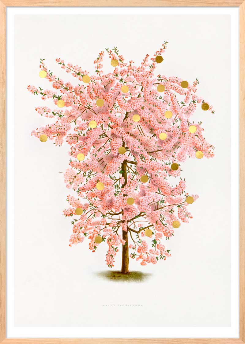 Gold Dots Pink Tree Paper – eksklusivt giclée-kunsttryk med håndpåførte 24K bladguld-dots