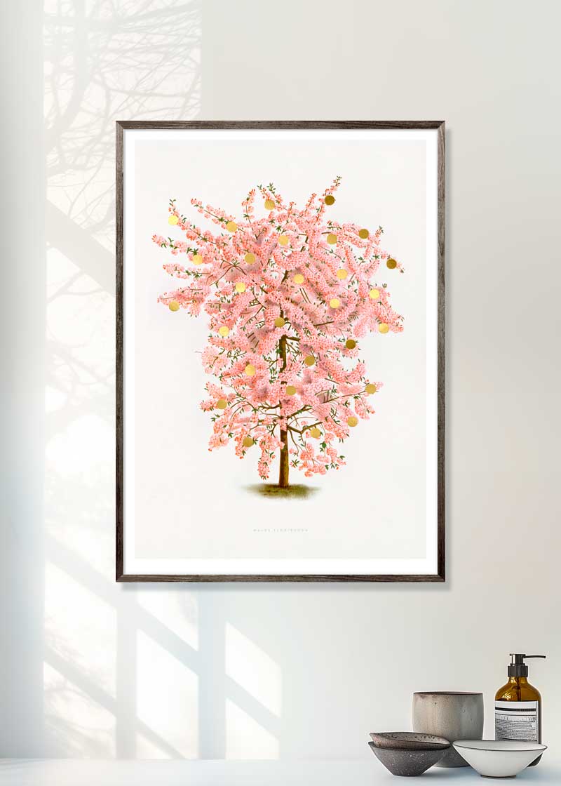 Gold Dots Pink Tree Paper – eksklusivt giclée-kunsttryk med håndpåførte 24K bladguld-dots