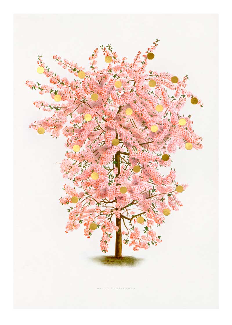 Gold Dots Pink Tree Paper – eksklusivt giclée-kunsttryk med håndpåførte 24K bladguld-dots