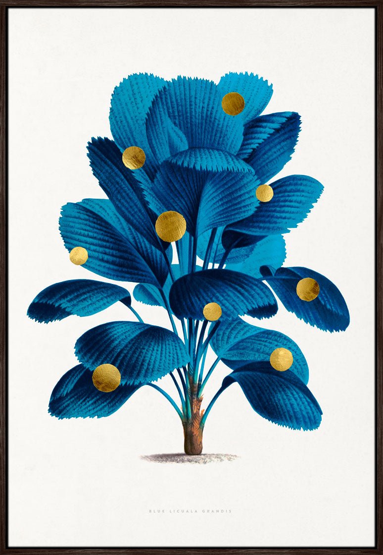 Gold Dots Blue Tree – Kunsttryk med 24K bladguld og detaljer i svæveramme.