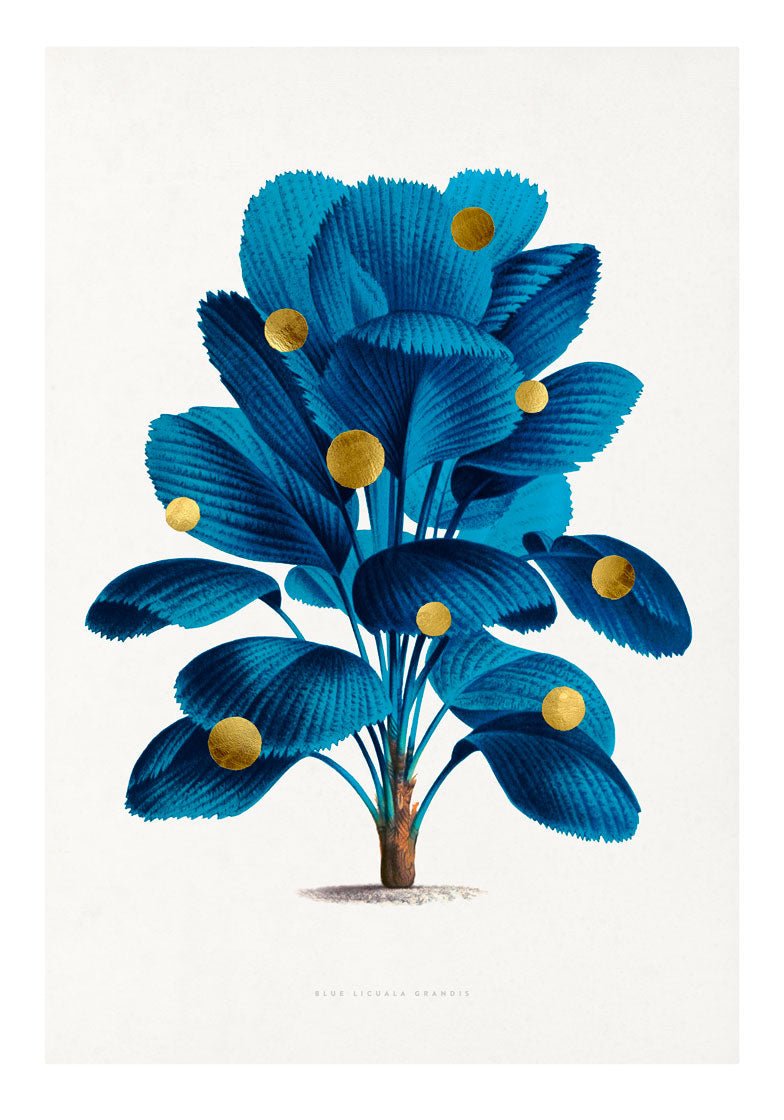 Gold Dots Blue Tree Paper – eksklusivt giclée-kunsttryk med håndpåførte 24K bladguld-dots, trykt på Fabriano-papir