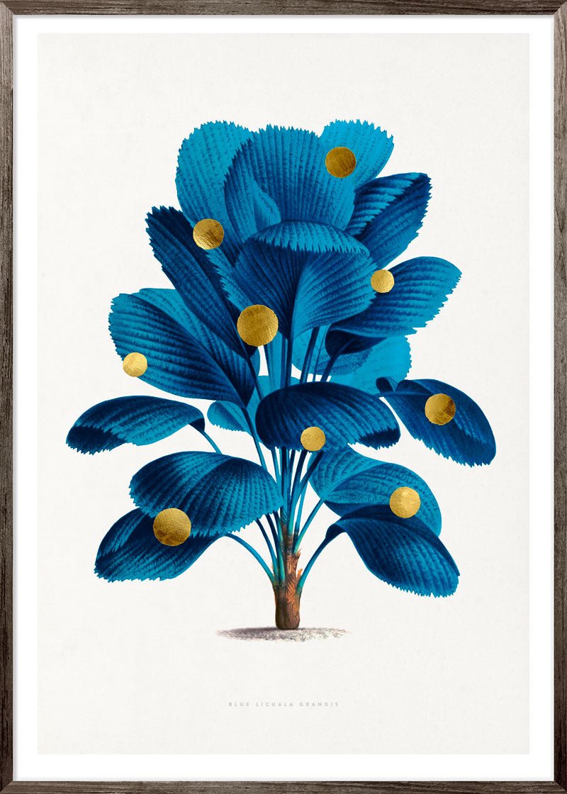 Gold Dots Blue Tree Paper – eksklusivt giclée-kunsttryk med håndpåførte 24K bladguld-dots, trykt på Fabriano-papir