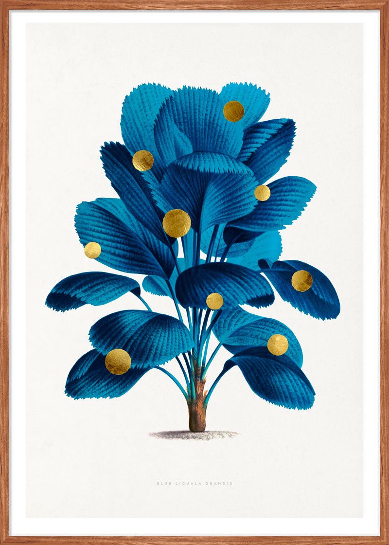 Gold Dots Blue Tree Paper – eksklusivt giclée-kunsttryk med håndpåførte 24K bladguld-dots, trykt på Fabriano-papir