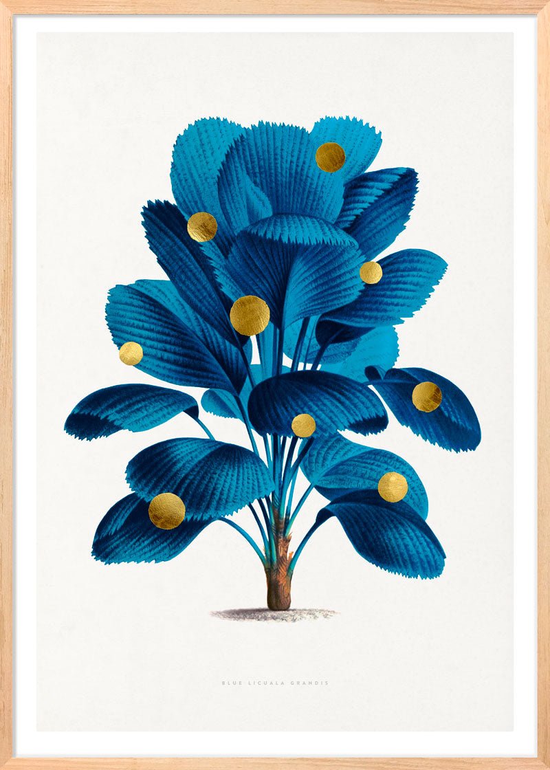 Gold Dots Blue Tree Paper – eksklusivt giclée-kunsttryk med håndpåførte 24K bladguld-dots, trykt på Fabriano-papir