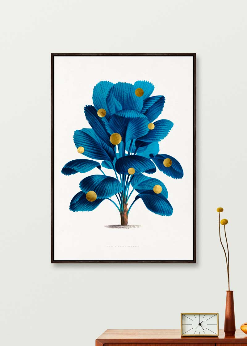 Gold Dots Blue Tree – Kunsttryk med 24K bladguld og detaljer i svæveramme.