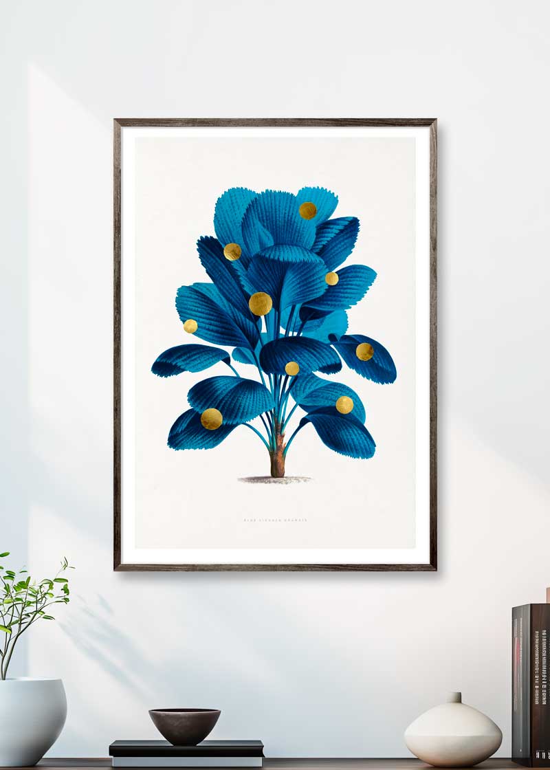 Gold Dots Blue Tree Paper – eksklusivt giclée-kunsttryk med håndpåførte 24K bladguld-dots, trykt på Fabriano-papir