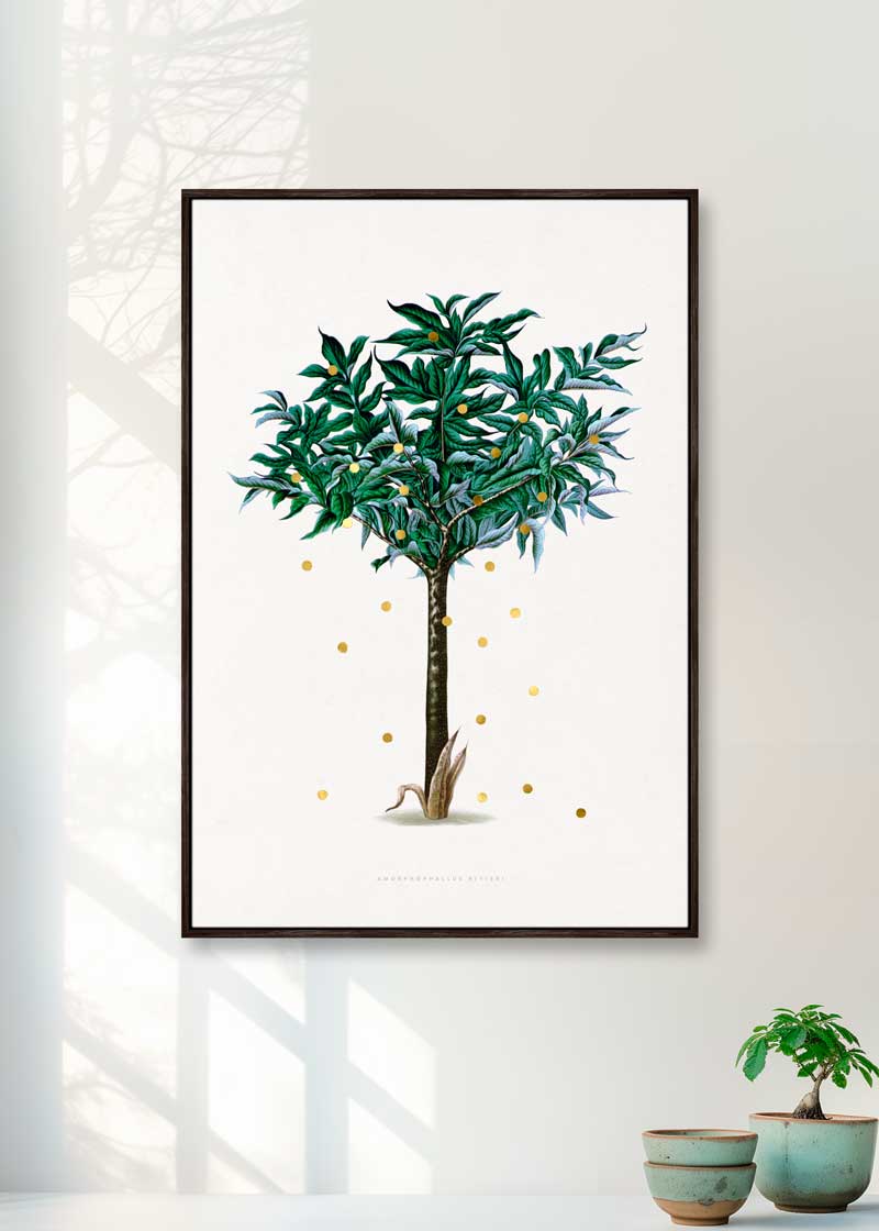 Gold Dots Stella Tree – Kunsttryk med 24K bladguld og detaljer i elegant svæveramme.