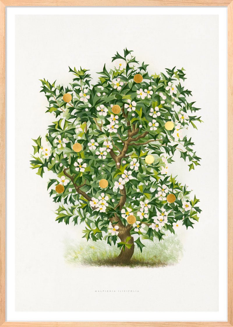 Gold Dots Holly Tree Paper – eksklusivt giclée-kunsttryk med håndpåførte 24K bladguld-dots, trykt på Fabriano-papir