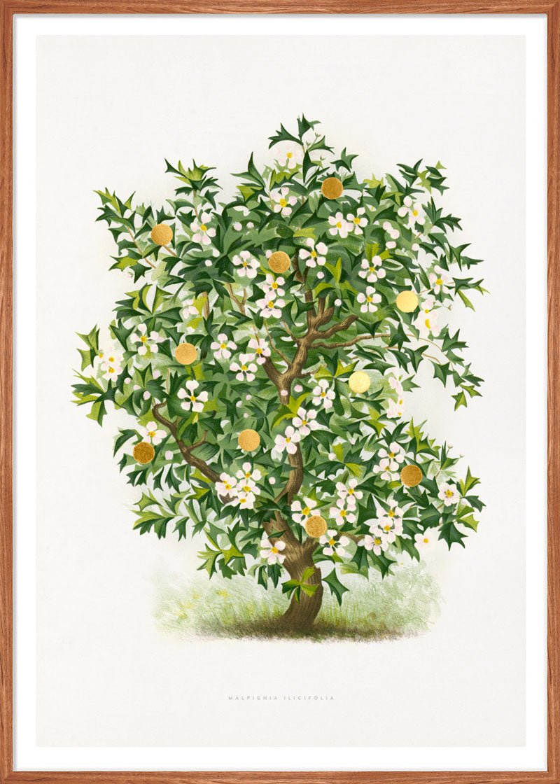 Gold Dots Holly Tree Paper – eksklusivt giclée-kunsttryk med håndpåførte 24K bladguld-dots, trykt på Fabriano-papir