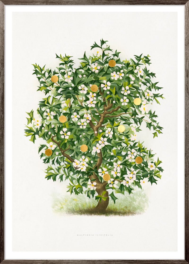 Gold Dots Holly Tree Paper – eksklusivt giclée-kunsttryk med håndpåførte 24K bladguld-dots, trykt på Fabriano-papir