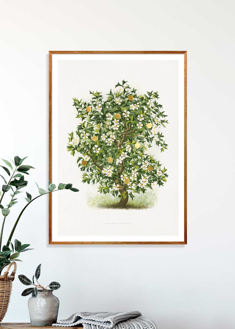 Gold Dots Holly Tree Paper – eksklusivt giclée-kunsttryk med håndpåførte 24K bladguld-dots, trykt på Fabriano-papir