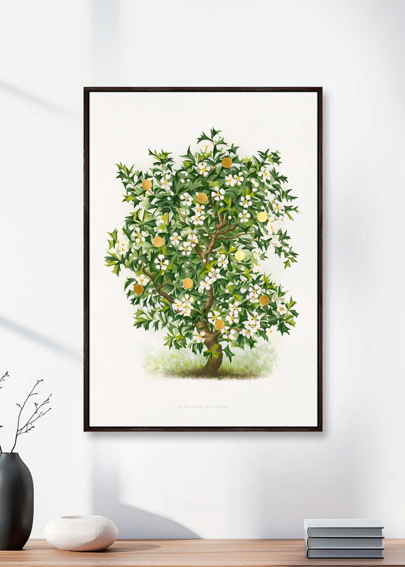 Gold Dots Holly Tree – Kunsttryk med 24K bladguld og håndforædlede detaljer. Indrammet i svæveramme