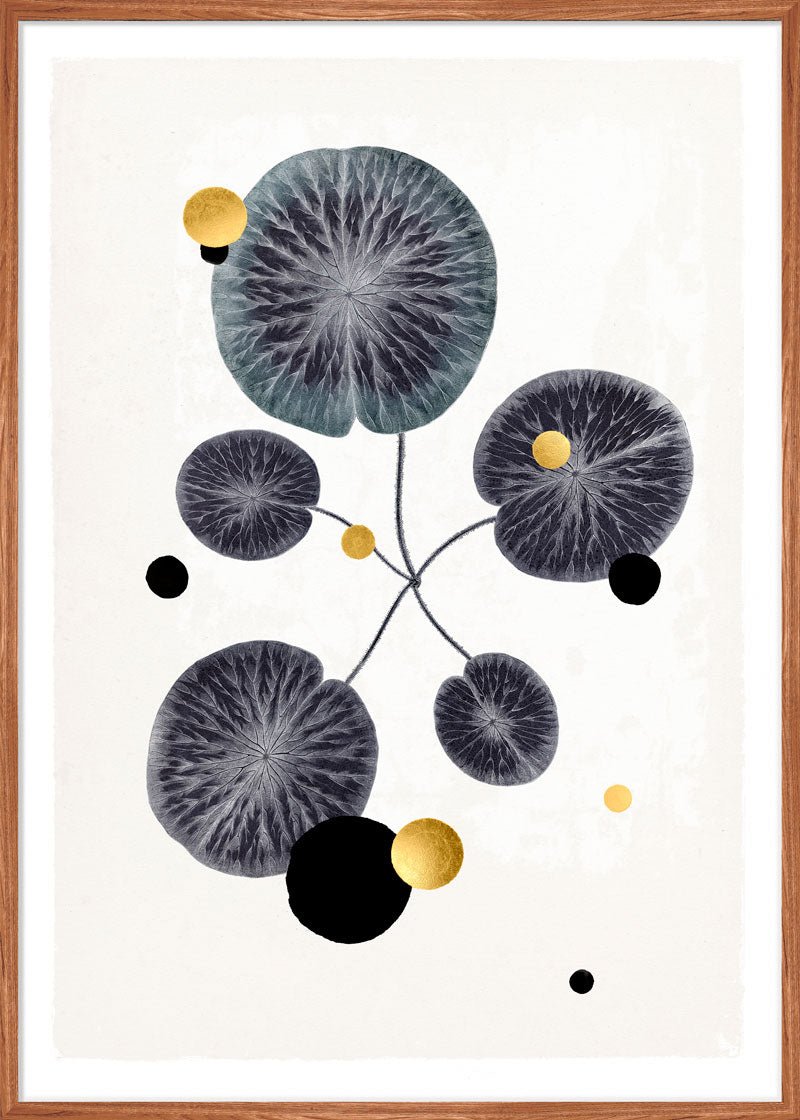 Gold and Superblack Dots Water Lilies – Giclée-print på Fabriano-papir, håndforædlet med 24K bladguld og superblack.