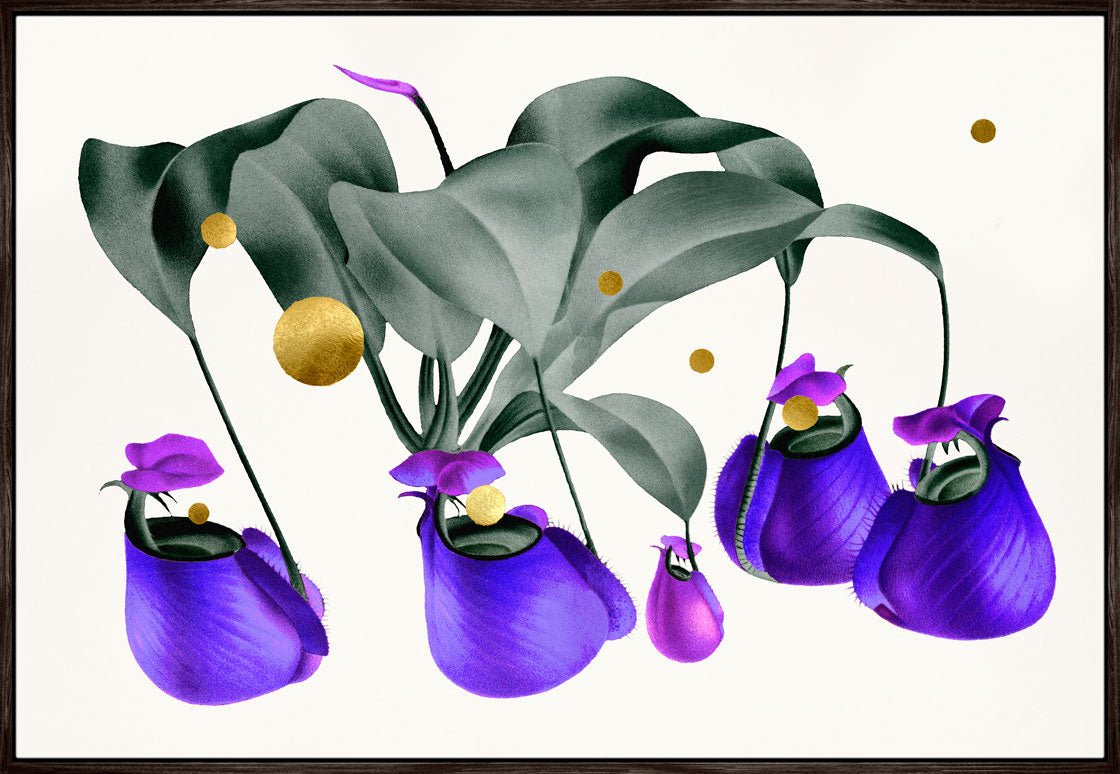 Gold Dots Purple Nepenthes Svæveramme – Kunsttryk på 450g canvas med 24K bladguld, håndforædlet