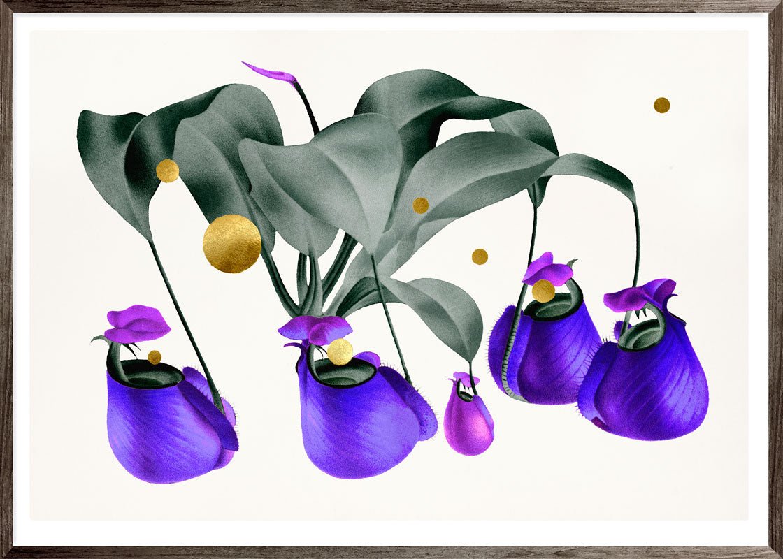 Gold Dots Purple Nepenthes – Giclée-print på Fabriano-papir, håndforædlet med 24K bladguld og lilla detaljer.
