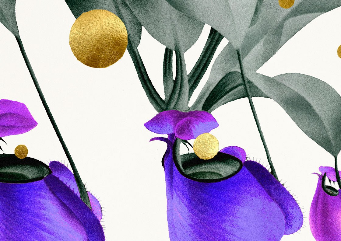 Gold Dots Purple Nepenthes – Giclée-print på Fabriano-papir, håndforædlet med 24K bladguld og lilla detaljer.