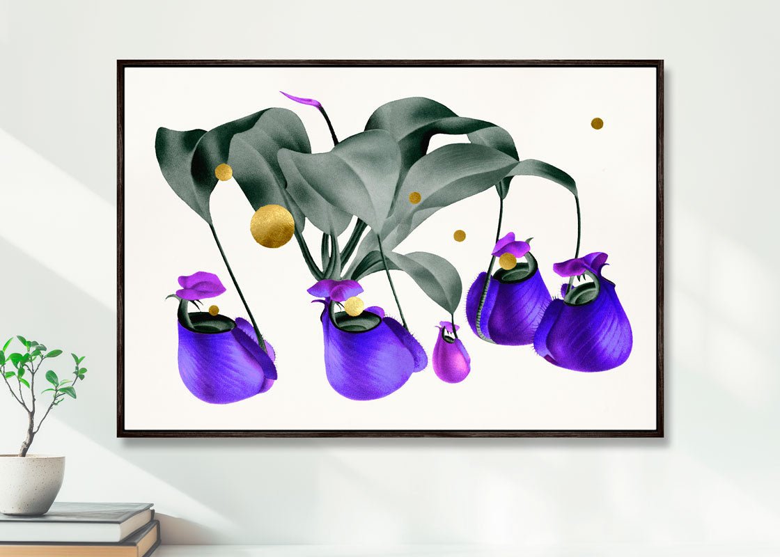 Gold Dots Purple Nepenthes Svæveramme – Kunsttryk på 450g canvas med 24K bladguld, håndforædlet
