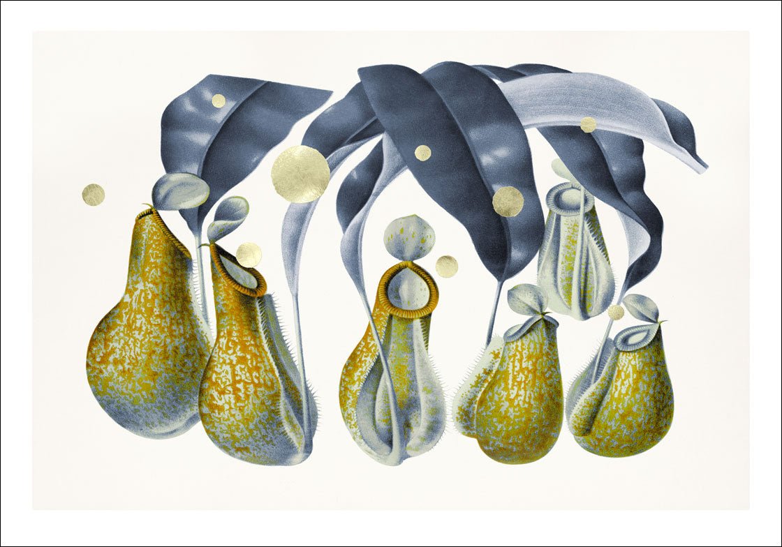 Gold Green Dots Nepenthes – Giclée-print på Fabriano-papir, håndforædlet med 24K bladguld og grønne detaljer.