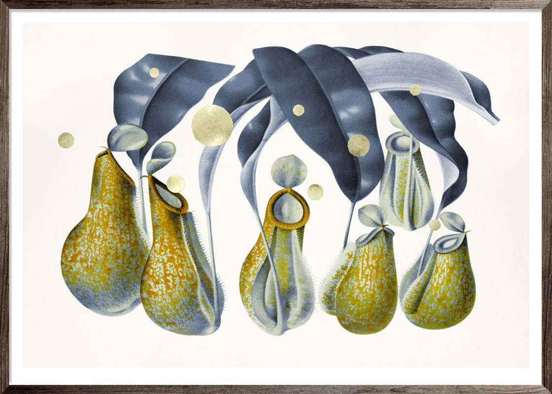 Gold Green Dots Nepenthes – Giclée-print på Fabriano-papir, håndforædlet med 24K bladguld og grønne detaljer.