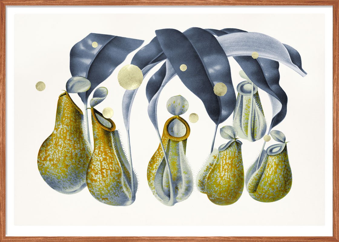 Gold Green Dots Nepenthes – Giclée-print på Fabriano-papir, håndforædlet med 24K bladguld og grønne detaljer.
