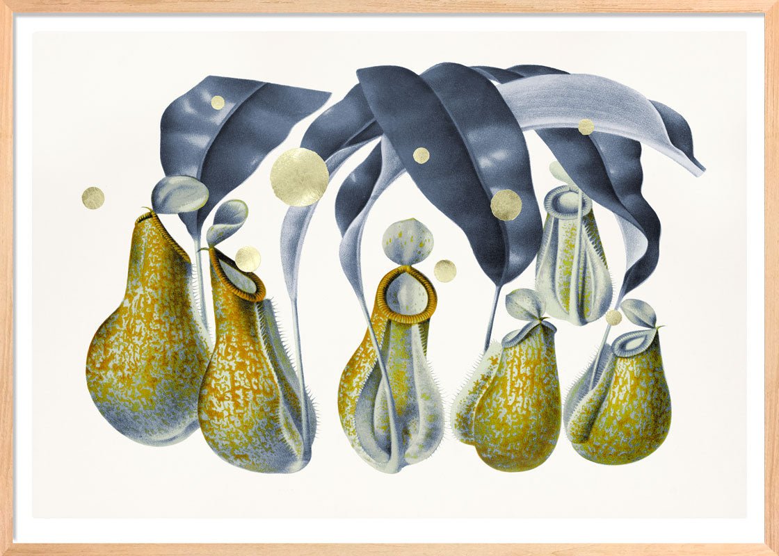 Gold Green Dots Nepenthes – Giclée-print på Fabriano-papir, håndforædlet med 24K bladguld og grønne detaljer.