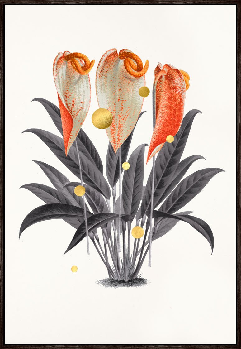 Gold Dots Anthurium – Kunsttryk på lærred, håndforædlet med 24K bladguld og indrammet i elegant svæveramme.