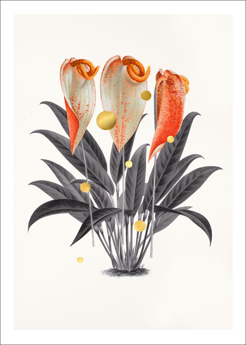 Gold Dots Anthurium – Giclée-print på Fabriano-papir, håndforædlet med 24K bladguld.