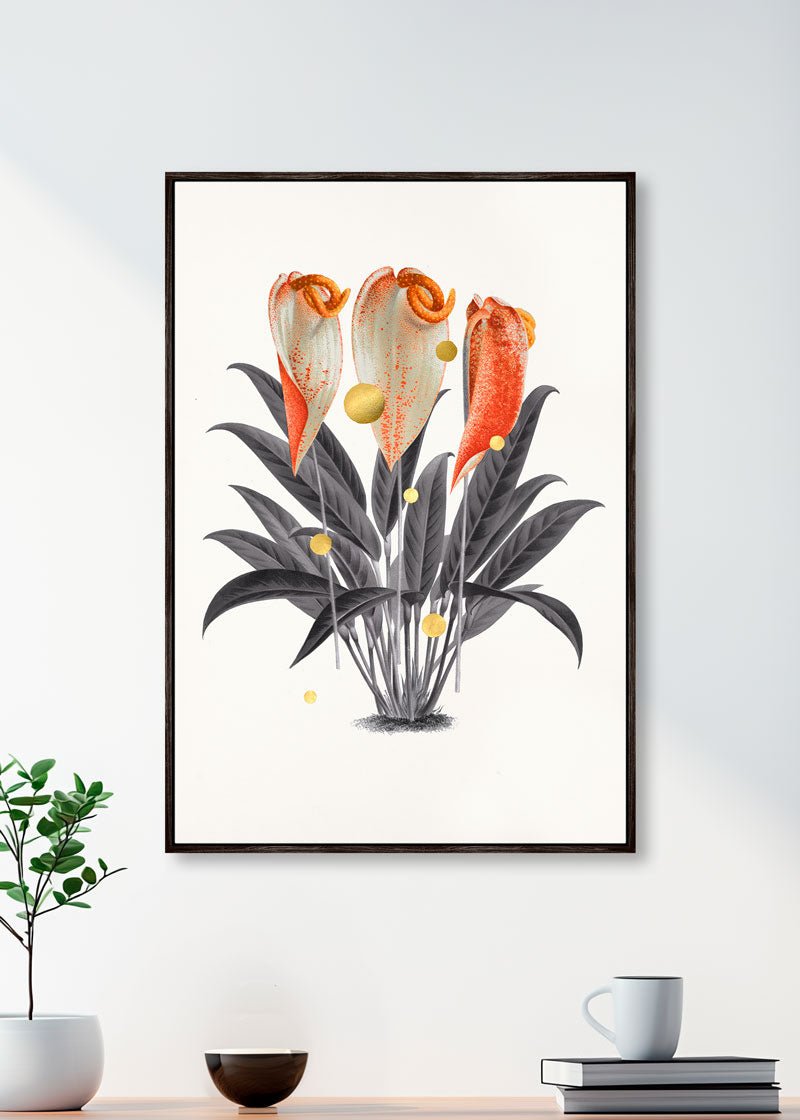 Gold Dots Anthurium – Kunsttryk på lærred, håndforædlet med 24K bladguld og indrammet i elegant svæveramme.