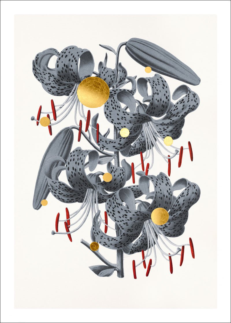 Gold Dots Tiger Lily – Giclée-print på Fabriano-papir, håndforædlet med 24K bladguld
