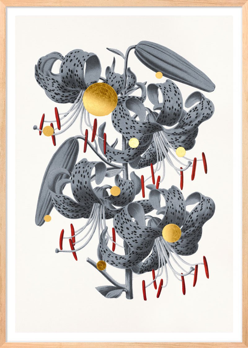 Gold Dots Tiger Lily – Giclée-print på Fabriano-papir, håndforædlet med 24K bladguld