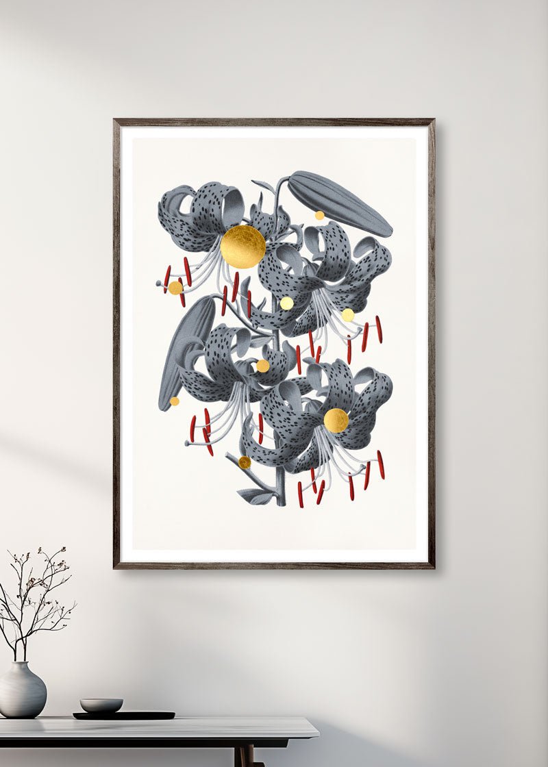 Gold Dots Tiger Lily – Giclée-print på Fabriano-papir, håndforædlet med 24K bladguld