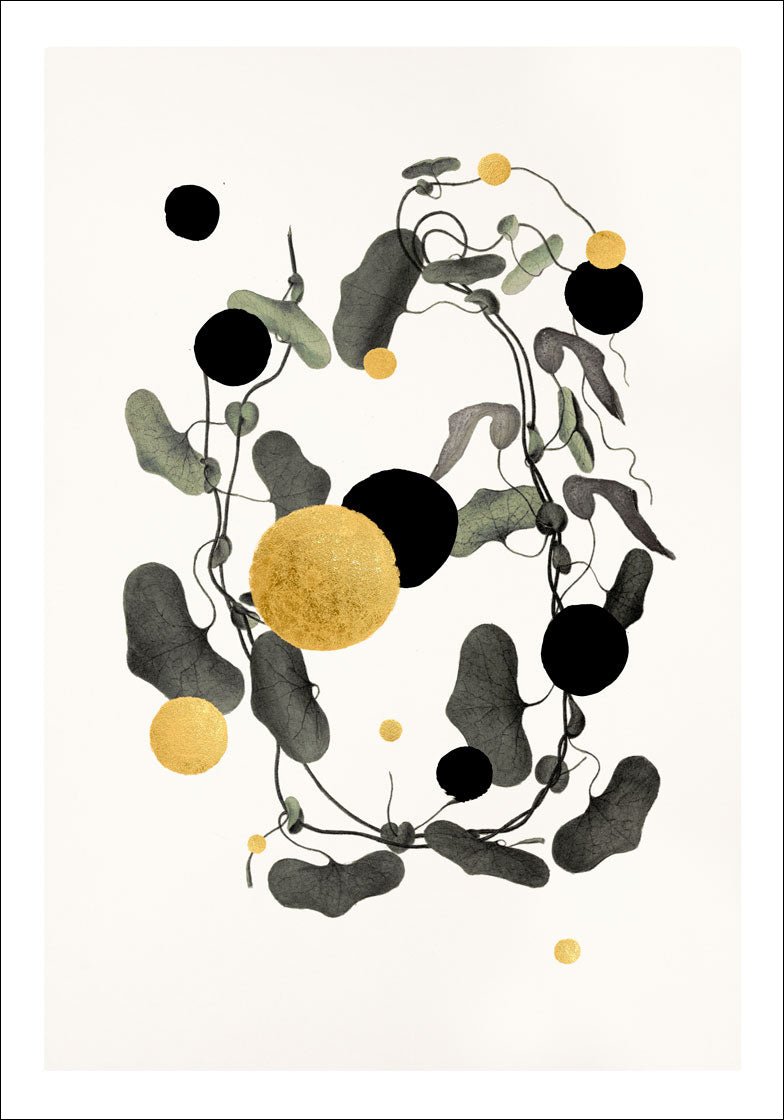 Gold and Superblack Dots Raja – Giclée-print på Fabriano-papir, håndforædlet med 24K bladguld og superblack