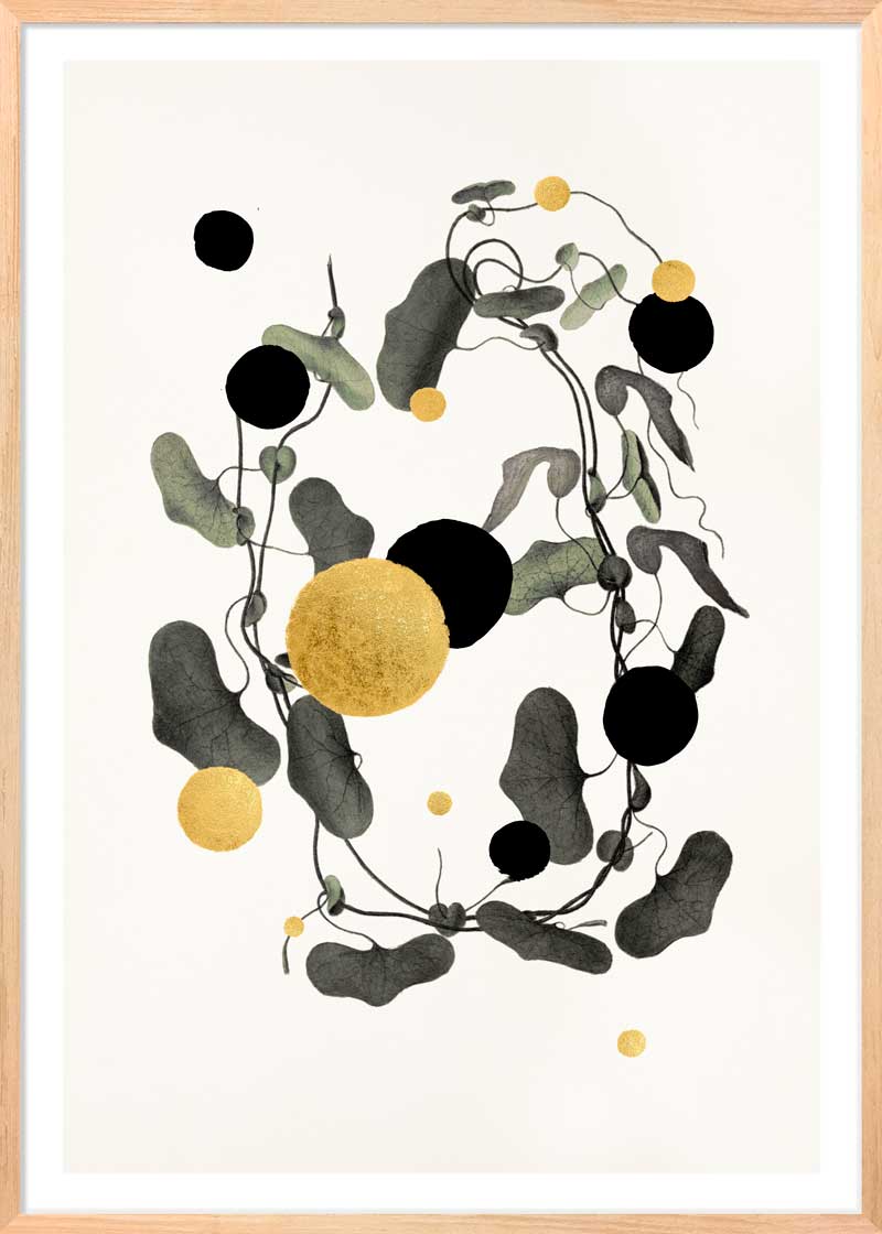 Gold and Superblack Dots Raja – Giclée-print på Fabriano-papir, håndforædlet med 24K bladguld og superblack