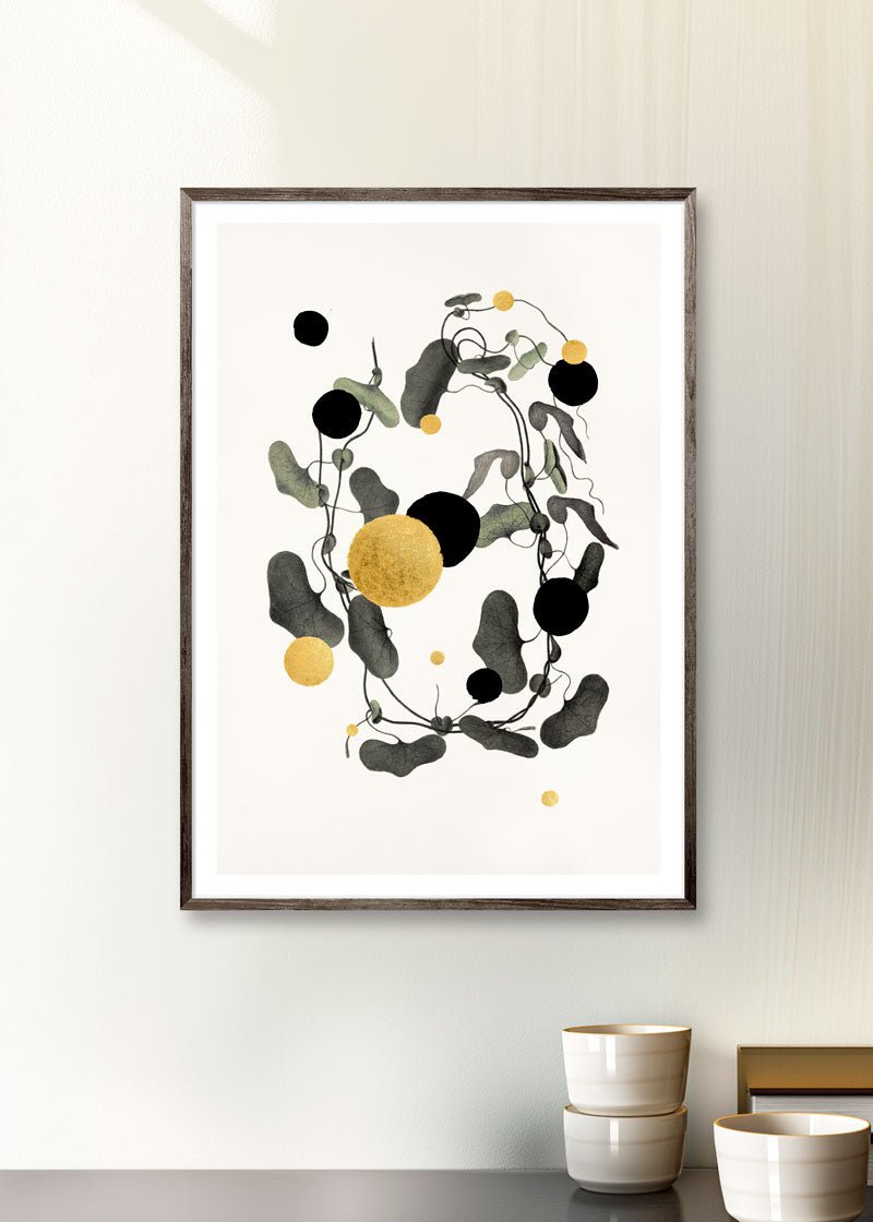 Gold and Superblack Dots Raja – Giclée-print på Fabriano-papir, håndforædlet med 24K bladguld og superblack
