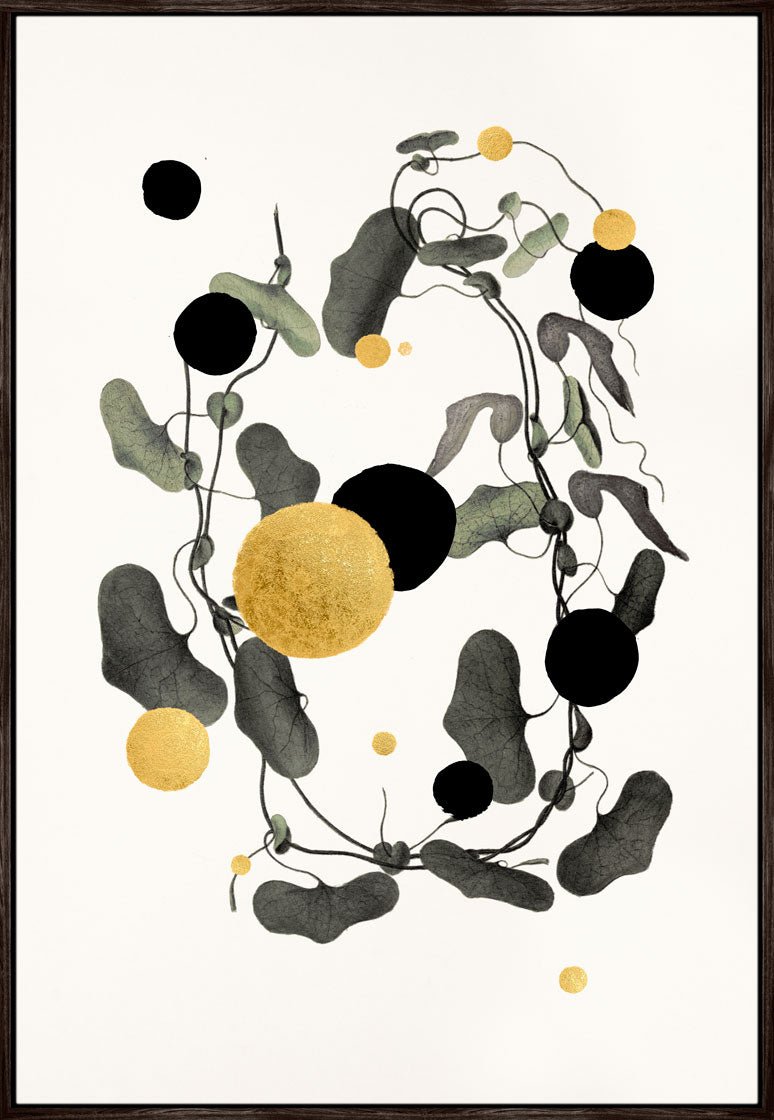 Gold and Superblack Dots Raja – Eksklusivt kunsttryk med 24K bladguld og ultradyb sort.