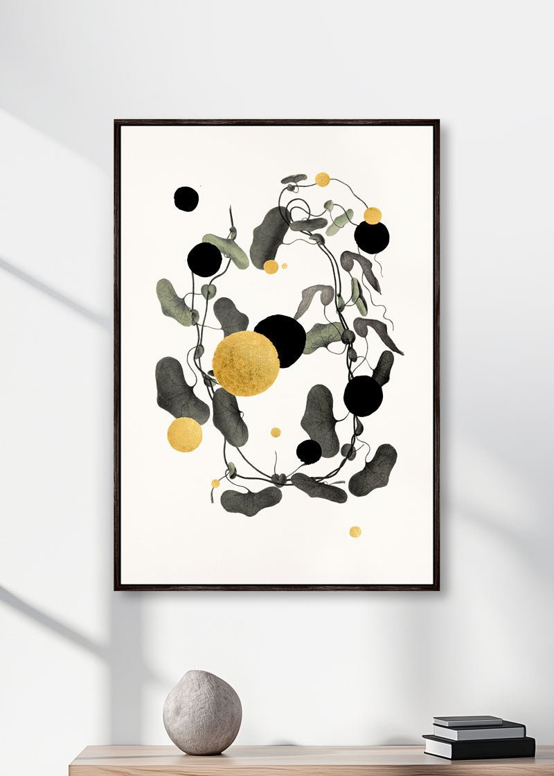 Gold and Superblack Dots Raja – Eksklusivt kunsttryk med 24K bladguld og ultradyb sort.