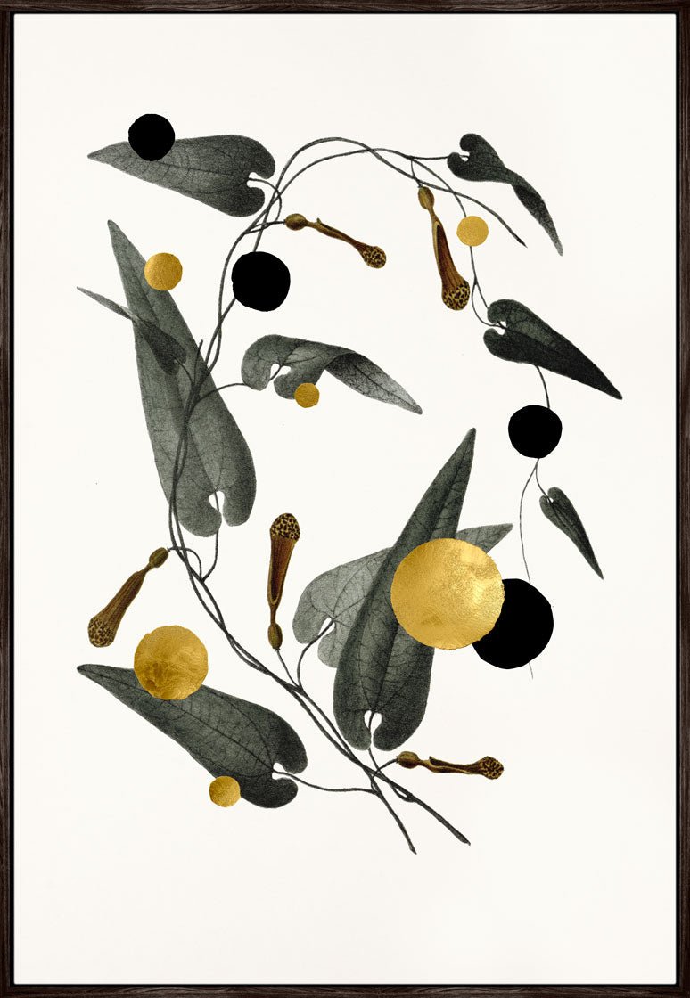 Gold and Superblack Dots Rumicifolia – Kunsttryk med 24K bladguld og superblack detaljer.