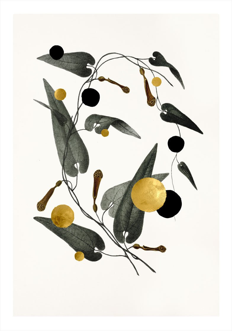 Gold & Superblack Dots Rumicifolia kunsttryk på Fabriano papir med 24k bladguld og ultramat Superblack