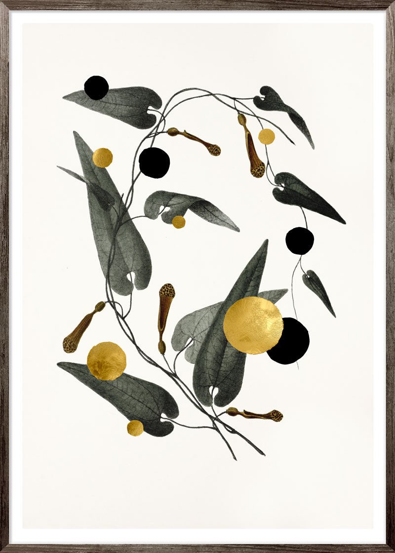 Gold & Superblack Dots Rumicifolia kunsttryk på Fabriano papir med 24k bladguld og ultramat Superblack