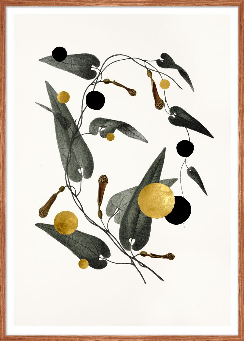 Gold & Superblack Dots Rumicifolia kunsttryk på Fabriano papir med 24k bladguld og ultramat Superblack