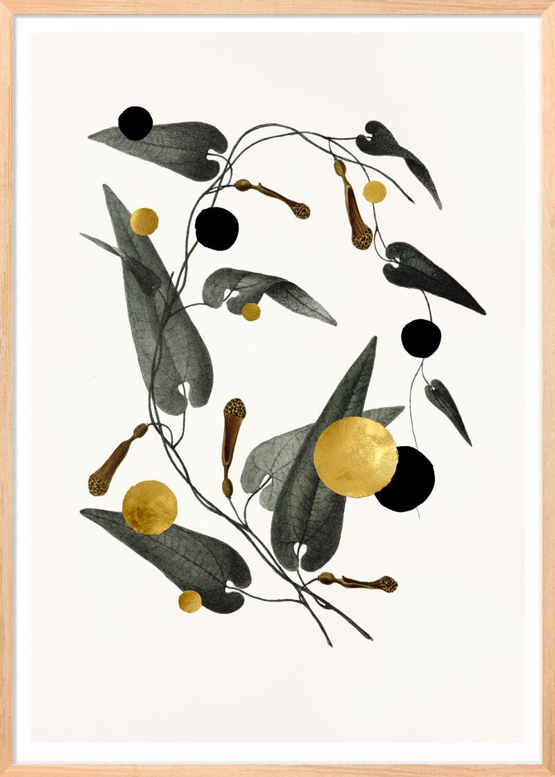 Gold & Superblack Dots Rumicifolia kunsttryk på Fabriano papir med 24k bladguld og ultramat Superblack