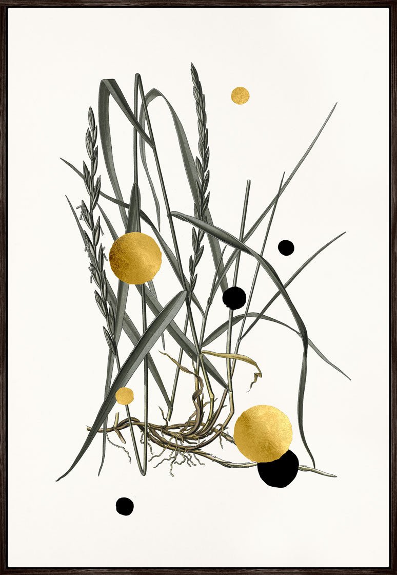 Gold and Superblack Dots Couch Grass – Håndforædlet kunsttryk med 24K bladguld og superblack detaljer.