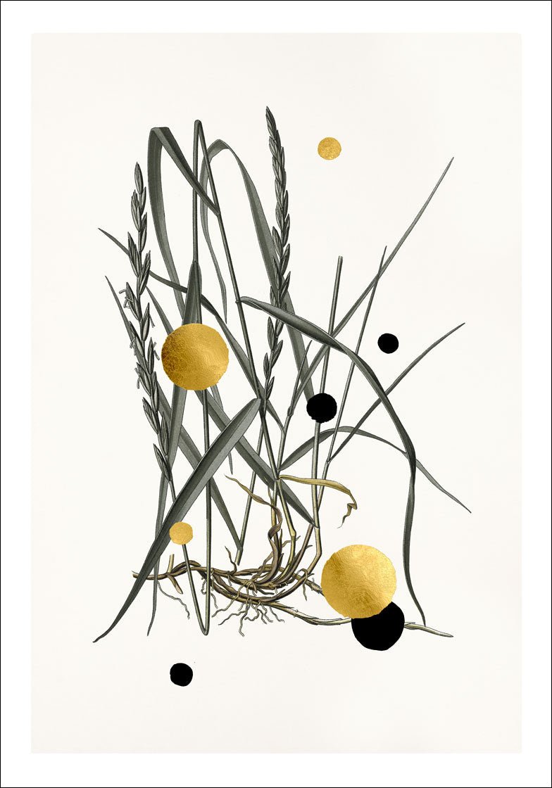 Gold and Superblack Dots Couch Grass – Giclée-print på Fabriano-papir, håndforædlet med 24K bladguld og superblack.