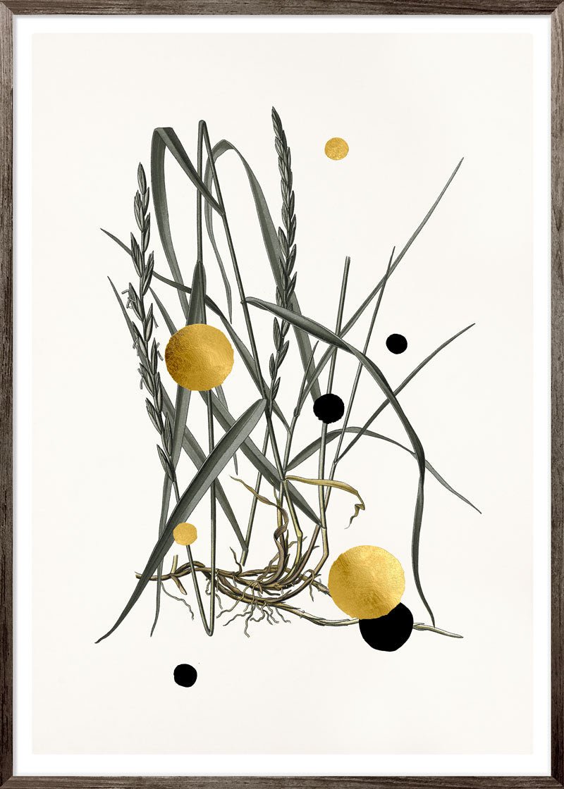 Gold and Superblack Dots Couch Grass – Giclée-print på Fabriano-papir, håndforædlet med 24K bladguld og superblack.