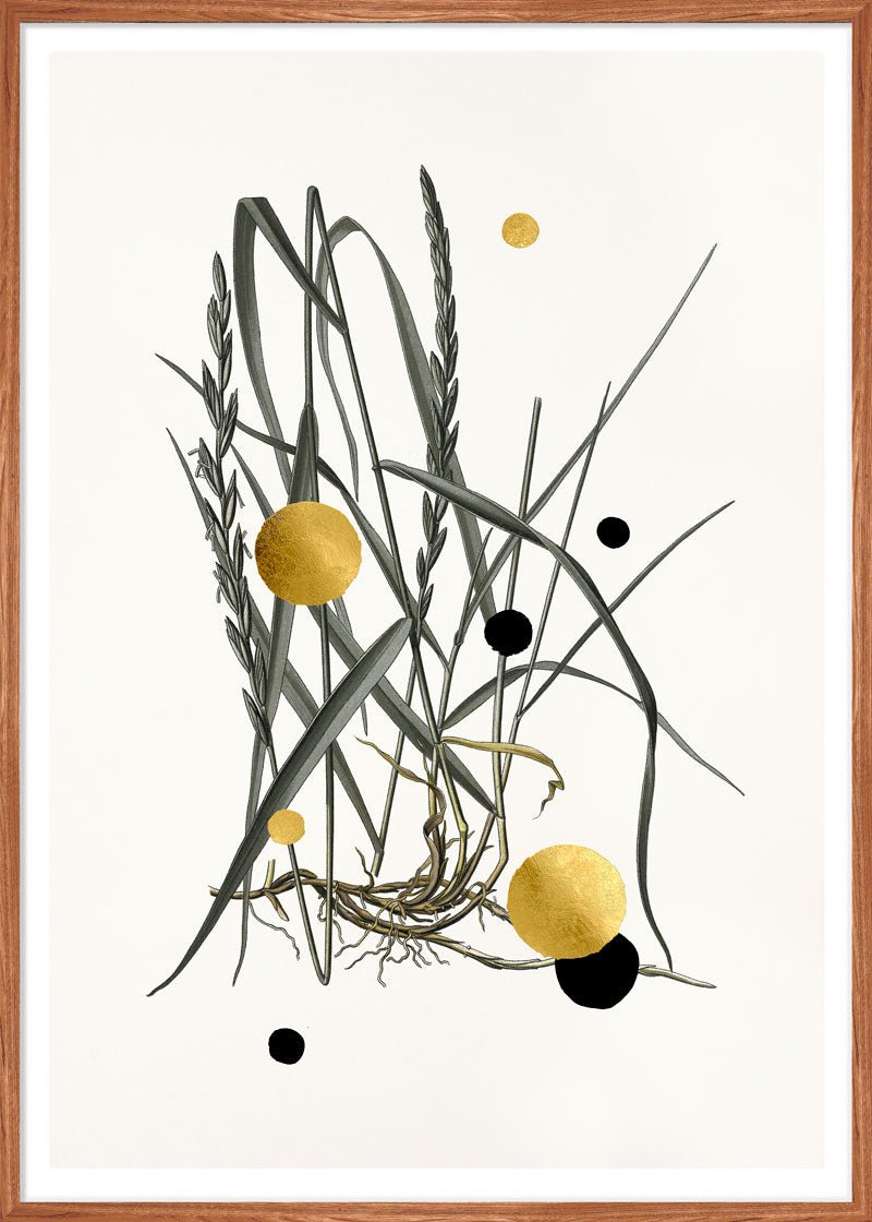 Gold and Superblack Dots Couch Grass – Giclée-print på Fabriano-papir, håndforædlet med 24K bladguld og superblack.