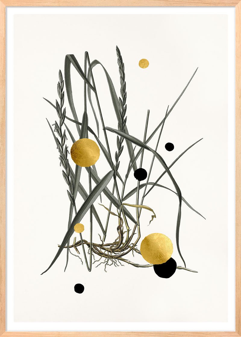 Gold and Superblack Dots Couch Grass – Giclée-print på Fabriano-papir, håndforædlet med 24K bladguld og superblack.